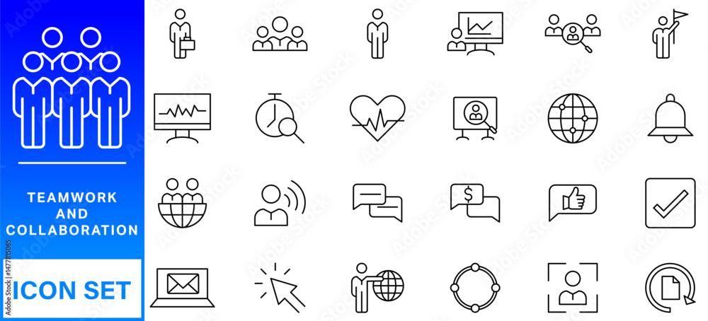 Poster people and teamwork line icons collection. big ui icon set in a flat design. thin outline icons pack