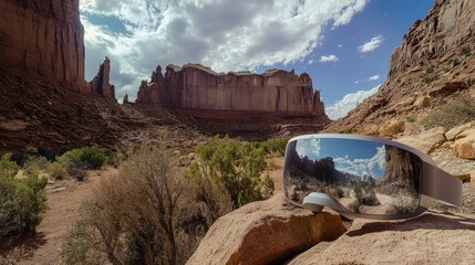 Scenic canyon landscape with reflective sunglasses.