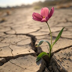 Obraz premium Macro shot of a vivid flower rising from arid, textured soil – ideal for nature lovers and inspirational design projects 