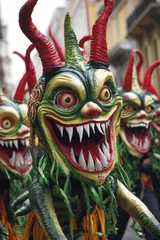 Printed kitchen splashbacks Close-up of Diablada dancers in Oruro Bolivia performing at Carnival parade with colorful devil masks