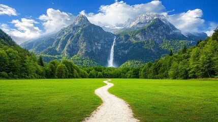 Scenic dirt road through lush fields and mountains tranquil rural landscape nature photography peaceful environment
