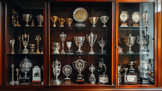 Collection Of Silver And Gold Trophies In A Dark Wooden Display Case