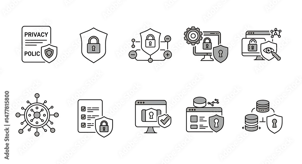 Poster lock icons representing digital security measures, including web protection, mobile device safeguard
