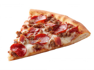 Slice of Delicious Meat Lovers Pizza, Pepperoni and Sausage Topped Pizza on White Background