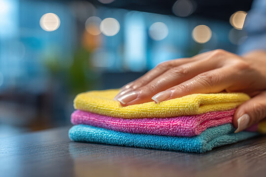 Close-up of a woman is hand wiping a desk, with a focus on maintaining cleanliness and order in the workspace for better focus and efficiency