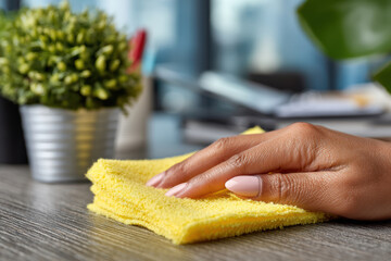 Hand of a woman wiping off a desk, showing a sense of care and cleanliness in the office environment, perfect for promoting productivity and organization