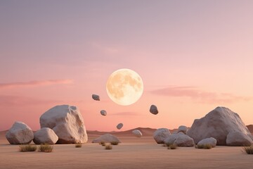 Fototapeta premium A dreamy desert landscape at dusk with a giant glowing moon low on the horizon, levitating rocks, soft pink-orange color grading 