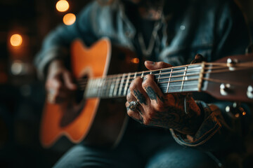 Obraz premium Unrecognizable Caucasian man indoors tuning an acoustic guitar, front view, with focus on the musician is hands and guitar, capturing the artistry of music