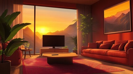 Animated virtual backgrounds, stream overlay loop, cozy lo-fi living room at sunset, Vtuber asset twitch zoom OBS screen, chill hip hop, hand-drawn, Japanese 2D anime style animation 4K video