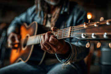 Naklejka premium Caucasian man adjusting the strings of his acoustic guitar indoors, front view, capturing the focus and concentration in preparing for a musical performance