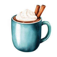 An inviting illustration of a mug of hot chocolate with a whipped cream topping and cinnamon sticks, perfect for the holidays and cozy moments.