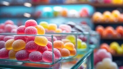 Sugared Colorful Candy Display in Store. Variety of dessert on shelf in shop
