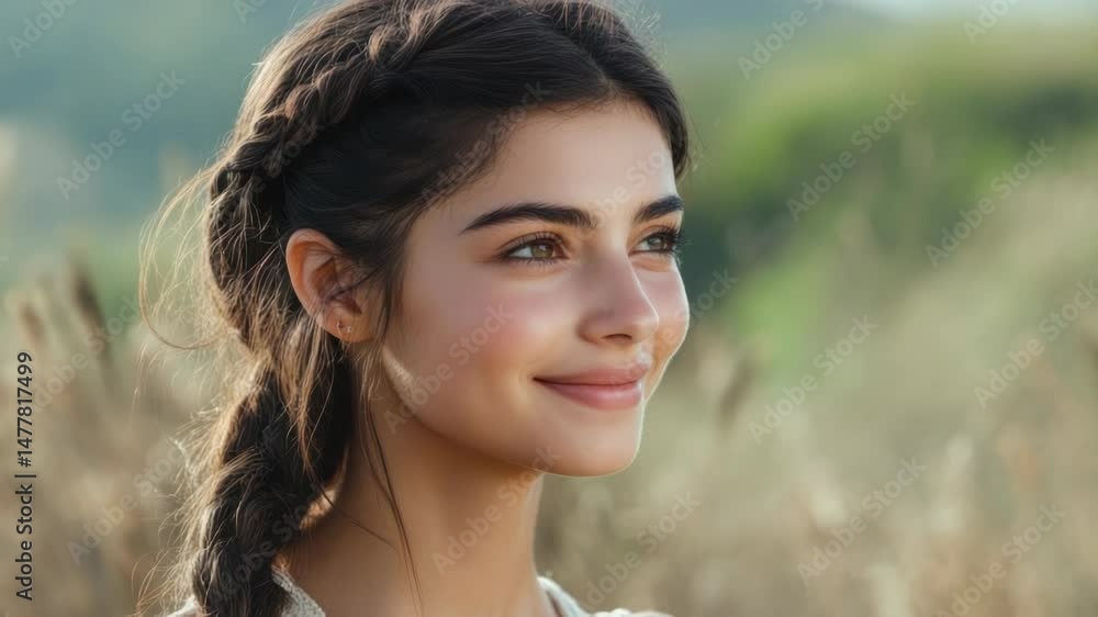 Poster a woman with a long braid stands in a natural environment, ideal for use as a background image or to