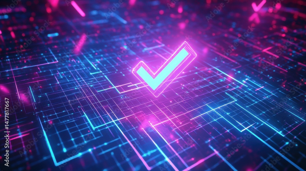 Poster a futuristic digital interface featuring a glowing checkmark symbol amidst a vibrant network of inte