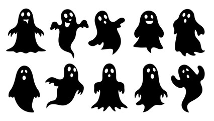 set of halloween ghosts silhouette vector on tranparent background