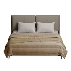 A bed with a brown comforter and two pillows