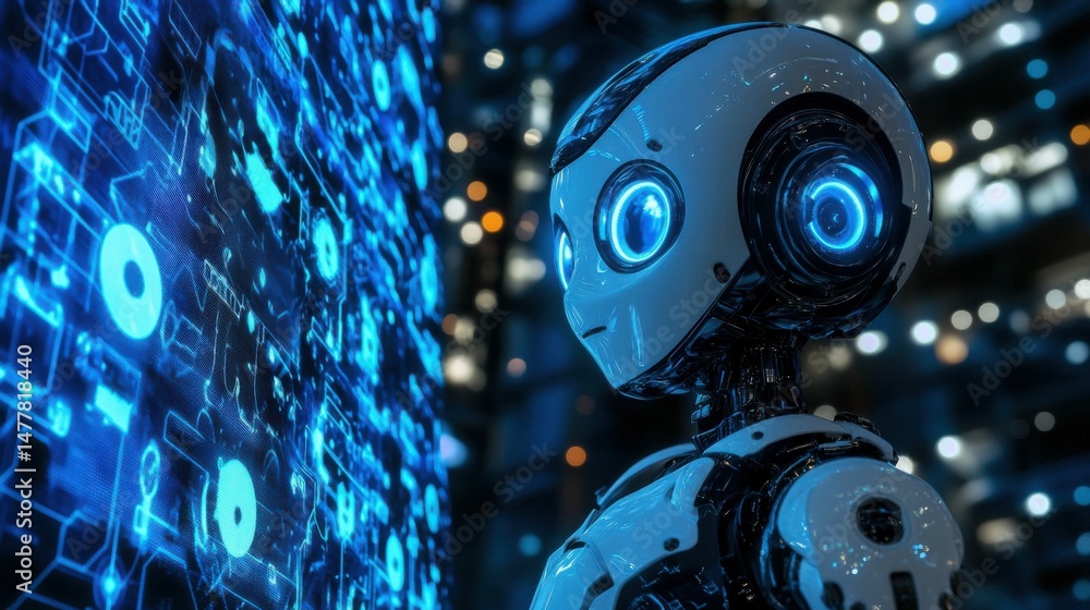 Aufkleber futuristic 3d robot on blue with holographic interface. an adorable white robot with glowing blue ey