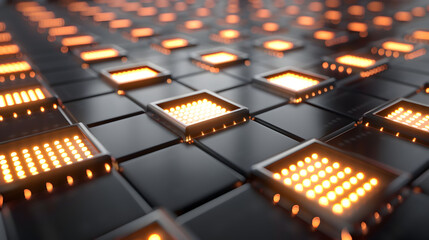 Illuminated grid pattern featuring square elements with glowing orange lights in a futuristic design