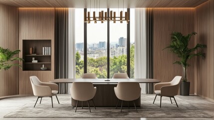 Modern wooden and concrete coworking office interior with empty mock up place on wall, window and city view, furniture and equipment. 3D Rendering