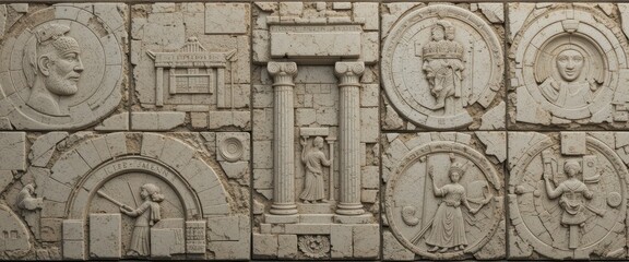 Naklejka premium Ancient Civilization Mosaic Intricate Tile Art Featuring Greco-Roman & Egyptian Motifs