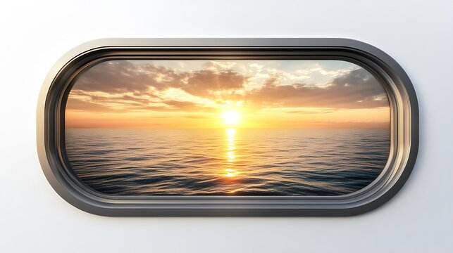 Fototapeta Ocean sunset seen through a porthole on a white background surface