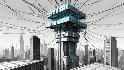 Futuristic Cityscape with Complex Technology Structure. Building with wires. Digital illustration style for technology concepts.