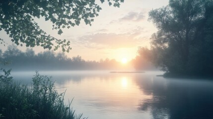 Fototapeta premium Misty Sunrise Over a River