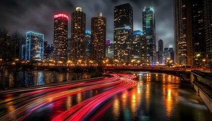 Naklejka premium Cityscape at night with illuminated buildings and light trails.