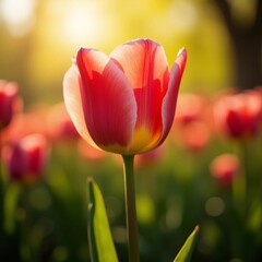 Vibrant Pink and Yellow Tulip in Bloom at Sunset