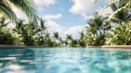 Obraz premium Set the scene for a relaxing poolside party at a resort hotel with a beautifully blurred summer backdrop featuring a clear blue sky and lush tropical palm trees