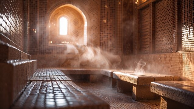 Empty turkish bath interior with steam. Middle east traditional hammam with stone benches in the sunlight. Concept of hygiene or relaxation.