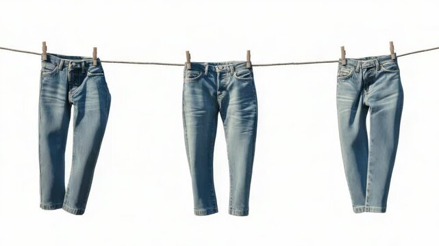 A casual scene with three pairs of jeans hung out to dry on a clothes line