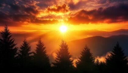 Fototapeta premium Vibrant sunset over mountainous terrain.