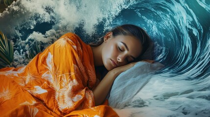 Peaceful woman sleeping with visual representation of circadian rhythms and waves in the background