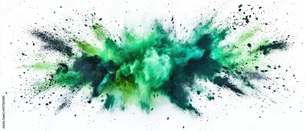 Poster green and teal powder exploding with force on white background abstract studio shot
