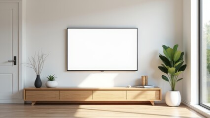 Modern interior with blank TV screen on wall above wooden cabinet with decor in natural light, perfect for design mockup and branding template.