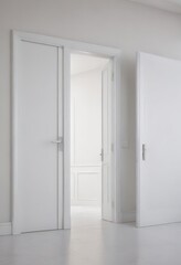 Clean white doors, open & closed, minimalist setting,  texture,  shape