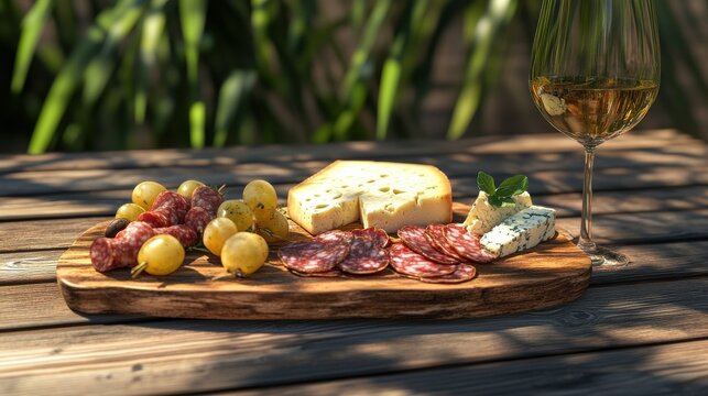 Outdoor charcuterie board with wine and cheese on wood table - Powered by Adobe