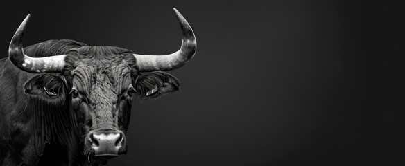Black and white portrait of strong bull with horns on black background. African animal, nature wildlife concept