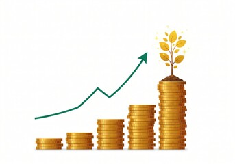 A stylized 2D illustration of coin stacks forming a staircase on white.