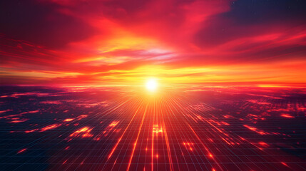 Obraz premium Stunning Sunset Over Ocean with Vibrant Colors and Grid Design