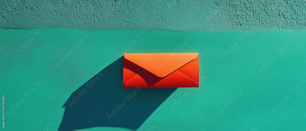 Poster orange envelope on teal background flat lay minimalist style communication concept correspondence ma