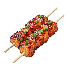 Grilled salmon skewers, glazed with teriyaki sauce, and garnished with sesame seeds and green onions.
