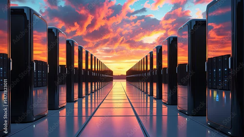Poster a futuristic data center with rows of servers reflecting a vibrant sunset, showcasing cutting-edge t