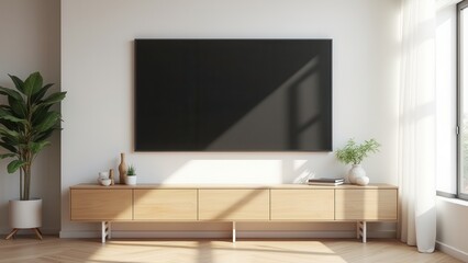 Modern interior with blank TV screen on wall above wooden cabinet with decor in natural light, perfect for design mockup and branding template.