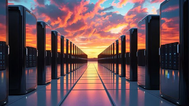 A futuristic data center with rows of servers reflecting a vibrant sunset, showcasing cutting-edge technology and advanced computing infrastructure

