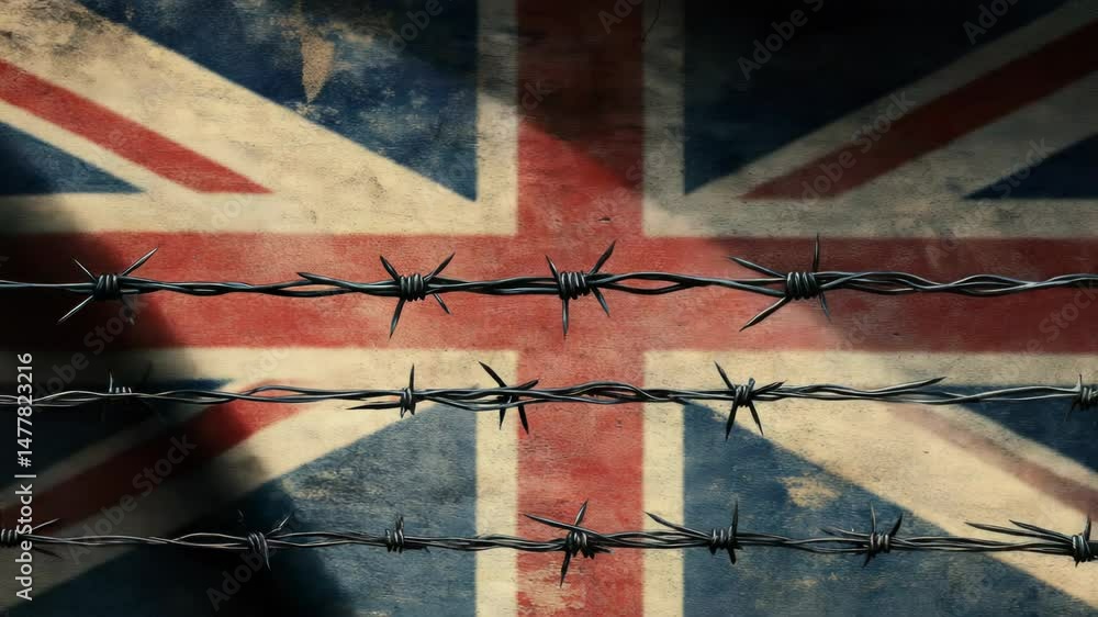 Aufkleber close-up of a barbed wire fence with a british flag visible in the background