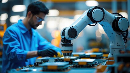 Engineer with robotic arm manufacturing electronics in plant. Person wearing glasses, black gloves and blue uniform.