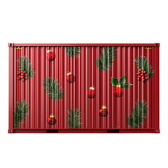 Festive red cargo container adorned with Christmas elements, symbolizing holiday transport and global commerce.