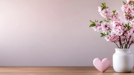 Naklejka premium Floral still life with pink blossoms heart symbol on wooden table for backgrounds and decoration